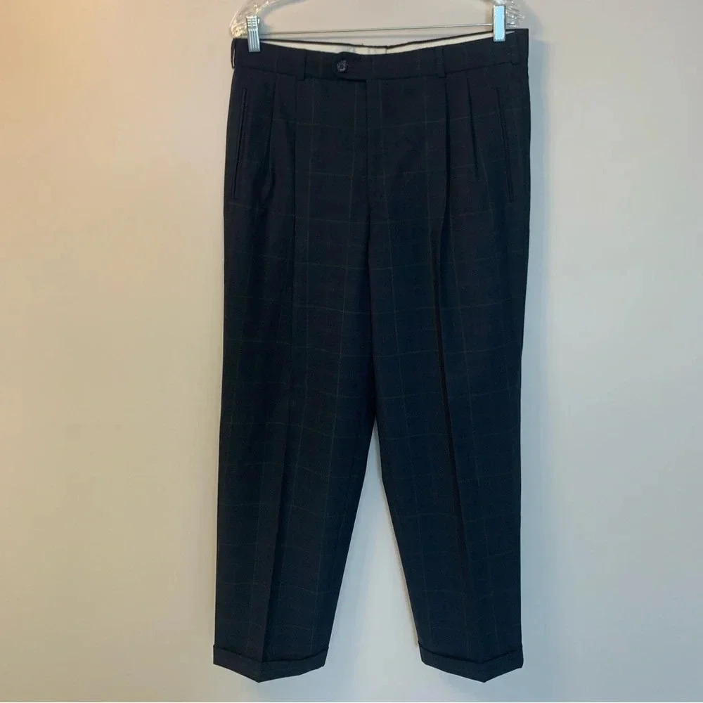 Bruno Saint Hilaire Wool Blend Navy Windowpane Trousers Career